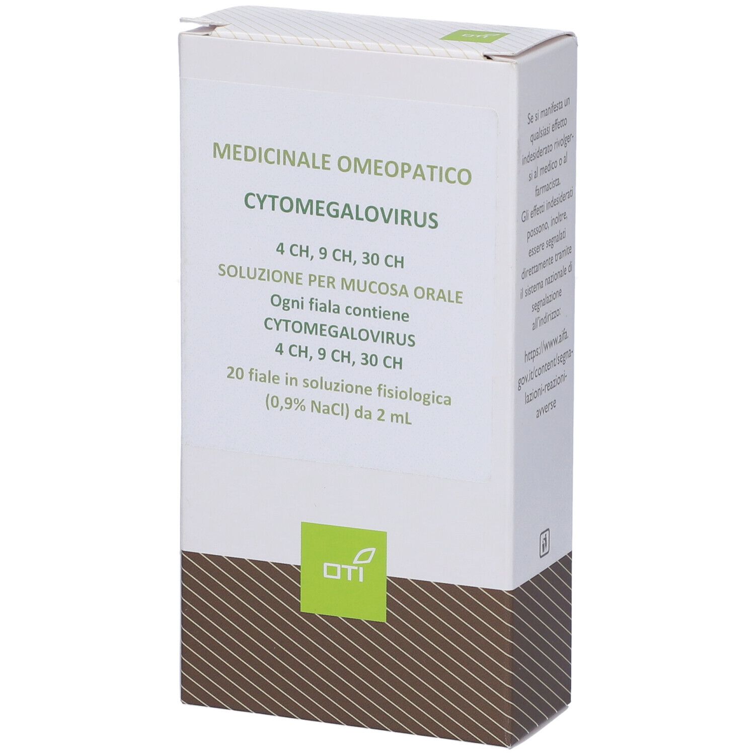 Medicinale omeopatico Cytomegalovirus. Confezione da 20 fiale. Logo OTI. Testo in italiano.