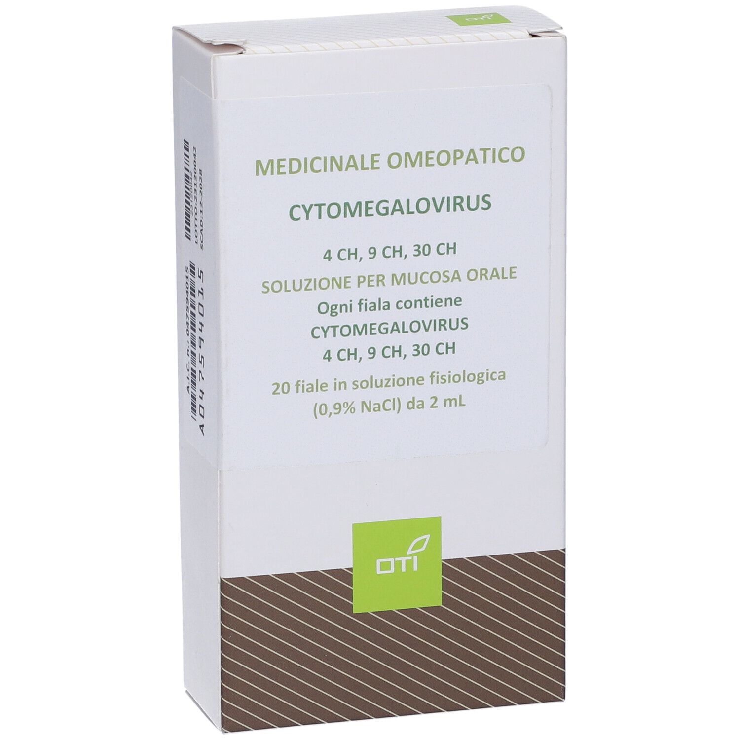 Medicinale omeopatico Cytomegalovirus. Confezione da 20 fiale. Logo OTI. Testo in italiano.