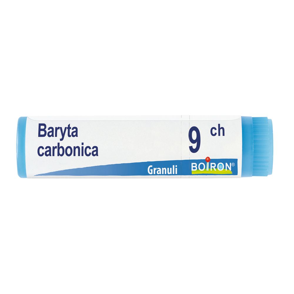 Confezione cilindrica con tappo blu. Scritta: Baryta carbonica 9 CH, Granuli, BOIRON.