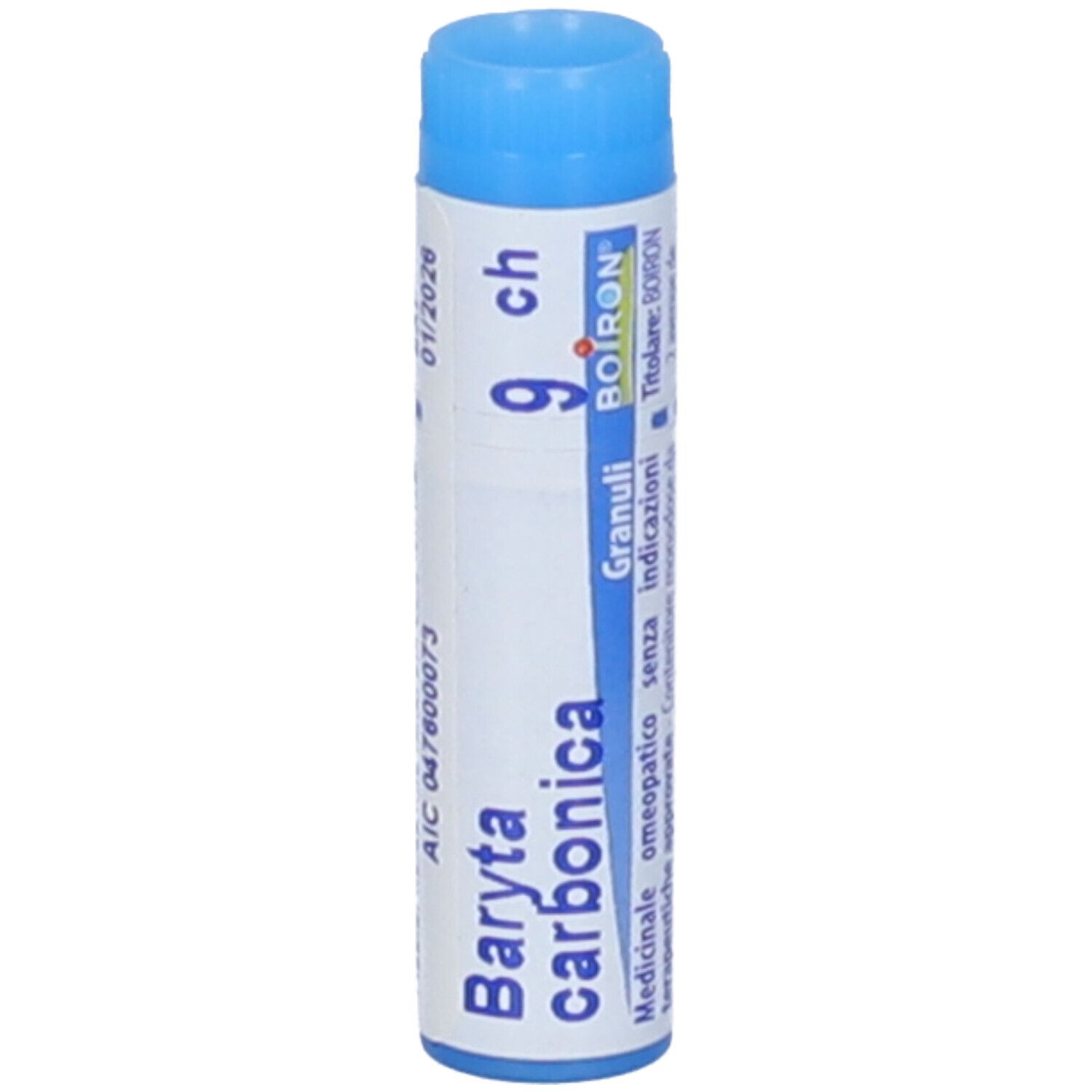 Confezione cilindrica con tappo blu. Scritta: Baryta carbonica 9 ch, BOIRON, Granuli, 01/2026.