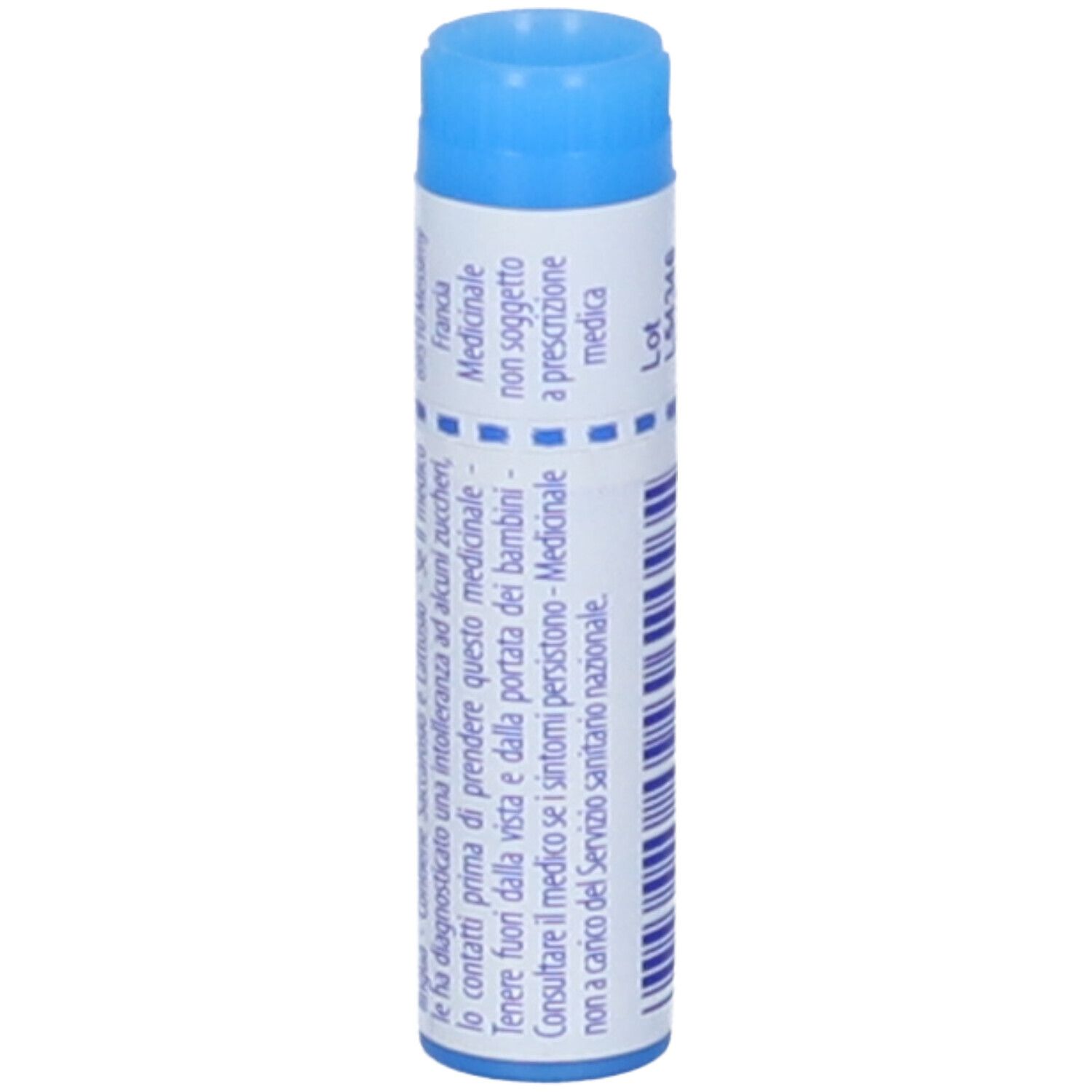 Confezione cilindrica con tappo blu. Testo: Medicinale non soggetto a prescrizione medica.