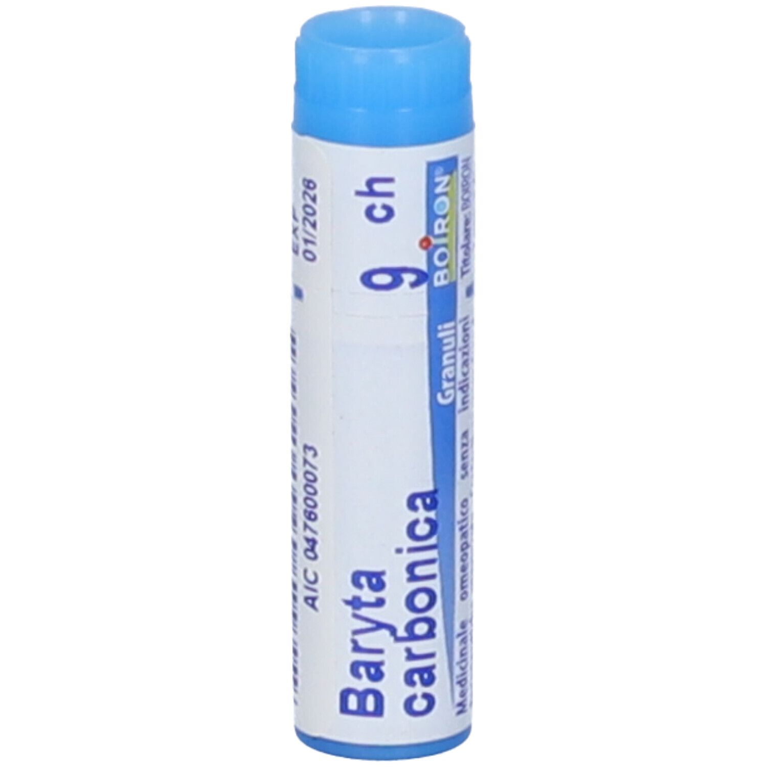 Confezione cilindrica con tappo blu. Scritta: Baryta carbonica 9 ch, BOIRON, Granuli, 01/2026.