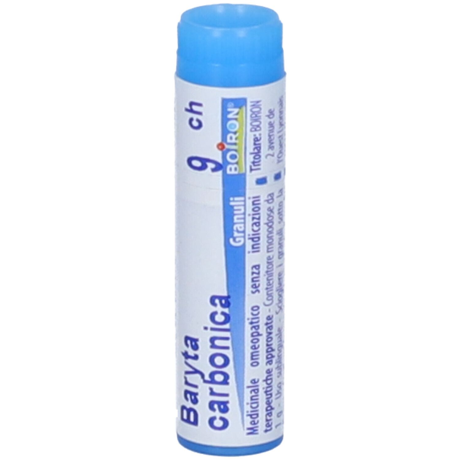Confezione cilindrica con tappo blu. Scritta: Baryta carbonica 9 ch, BOIRON, Granuli.