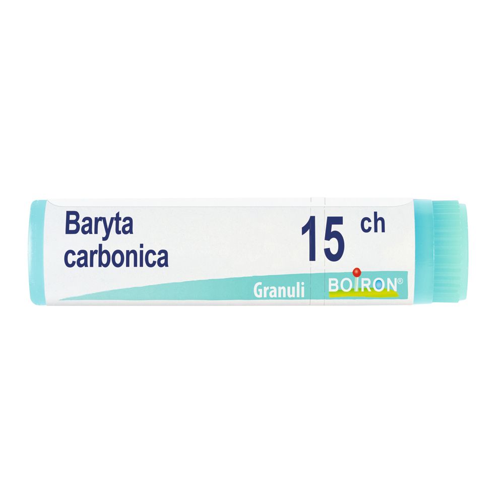 Confezione cilindrica di "Baryta carbonica 15 ch Granuli" Boiron. Tappo turchese. Scritte bianche su sfondo blu.