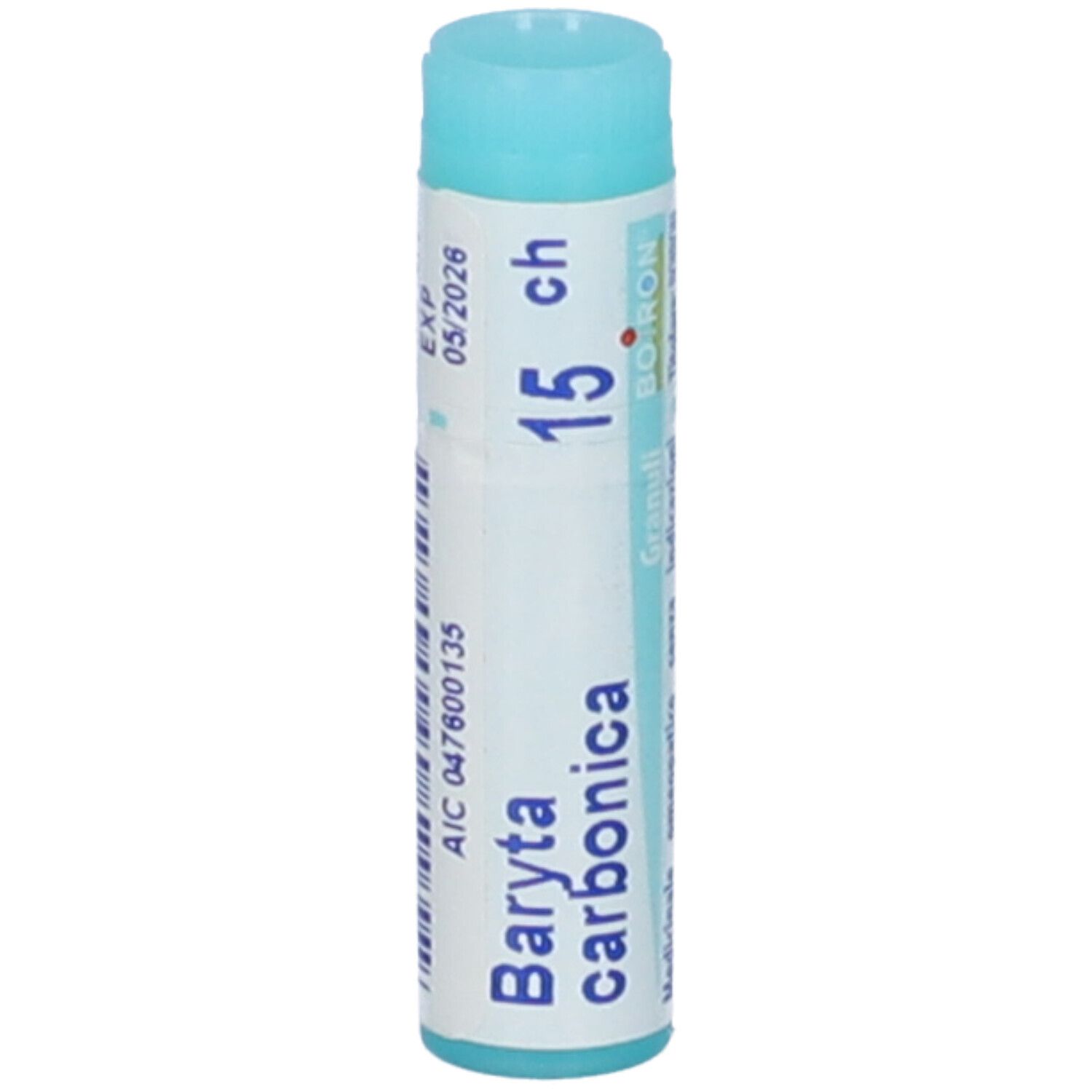 Confezione cilindrica "Baryta carbonica 15 ch". Tappo turchese. Logo Boiron.