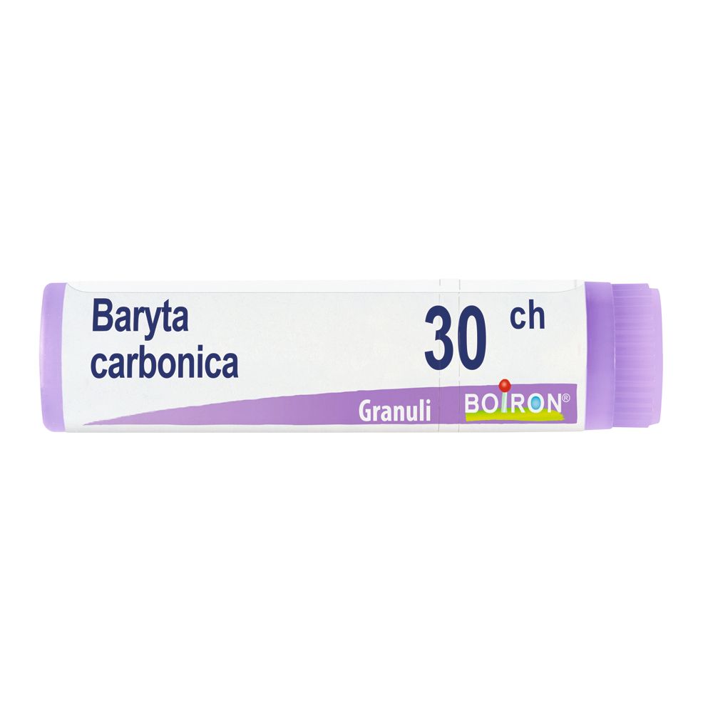 Confezione cilindrica con "Baryta carbonica 30 ch Granuli BOIRON". Tappo lilla.
