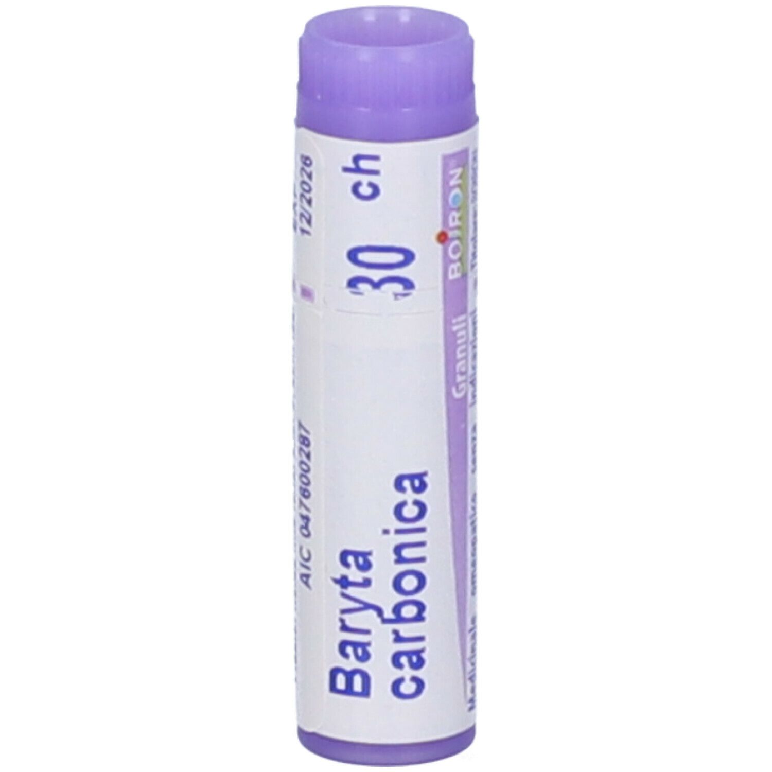 Confezione cilindrica con "Baryta carbonica 30 ch". Stampato: "BOIRON", "12/2026". Tappo lilla.