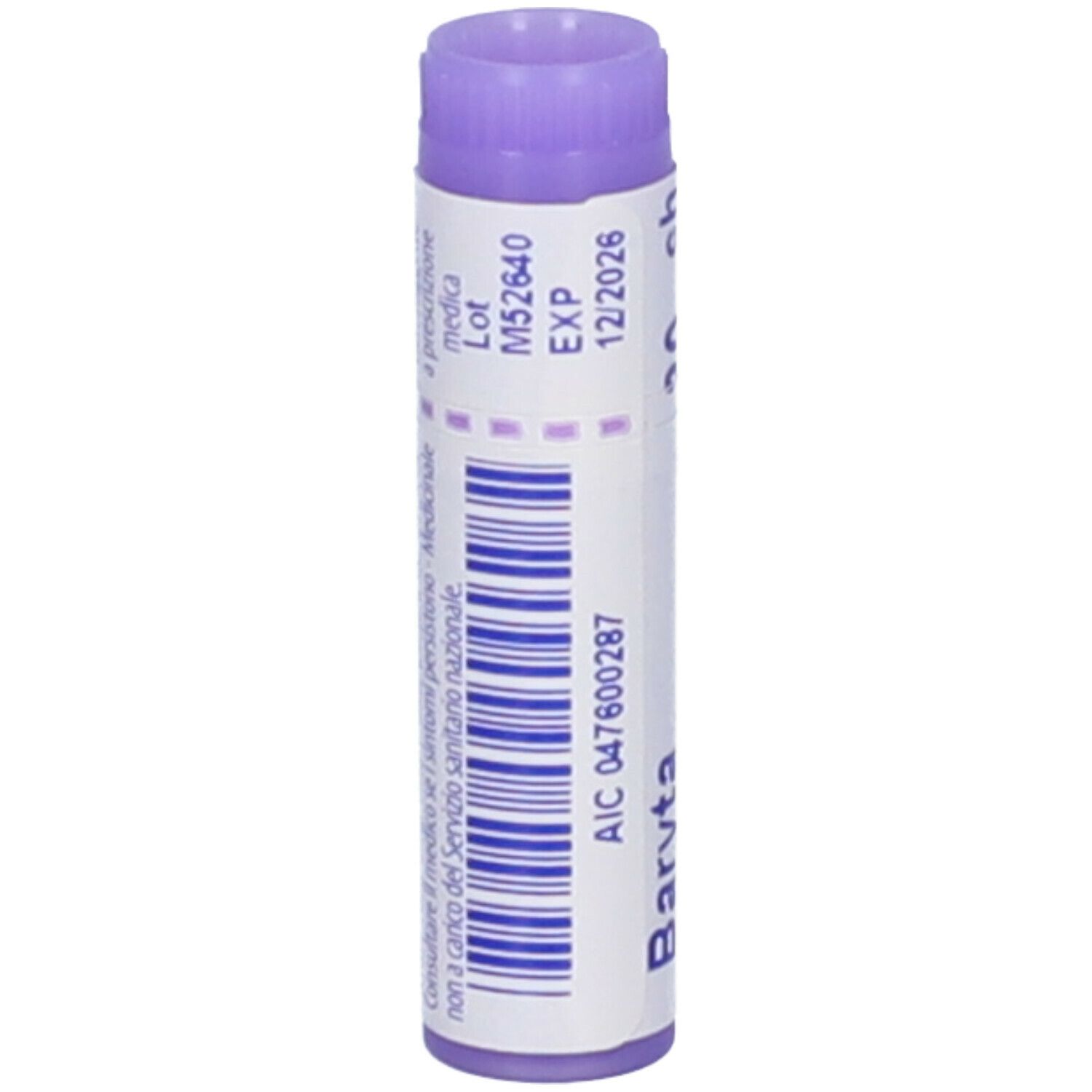 Confezione cilindrica con "Baryta carbonica 30 ch". Stampato: "BOIRON", "12/2026". Tappo lilla.