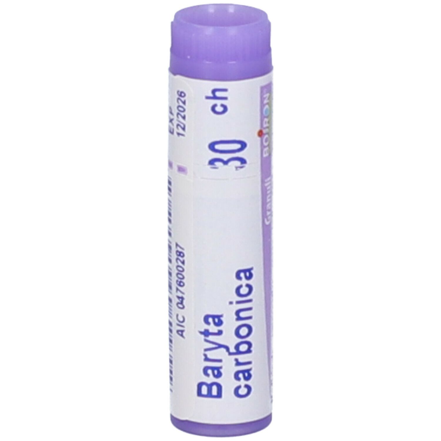 Confezione cilindrica con "Baryta carbonica 30 ch". Stampato: "BOIRON", "12/2026". Tappo lilla.