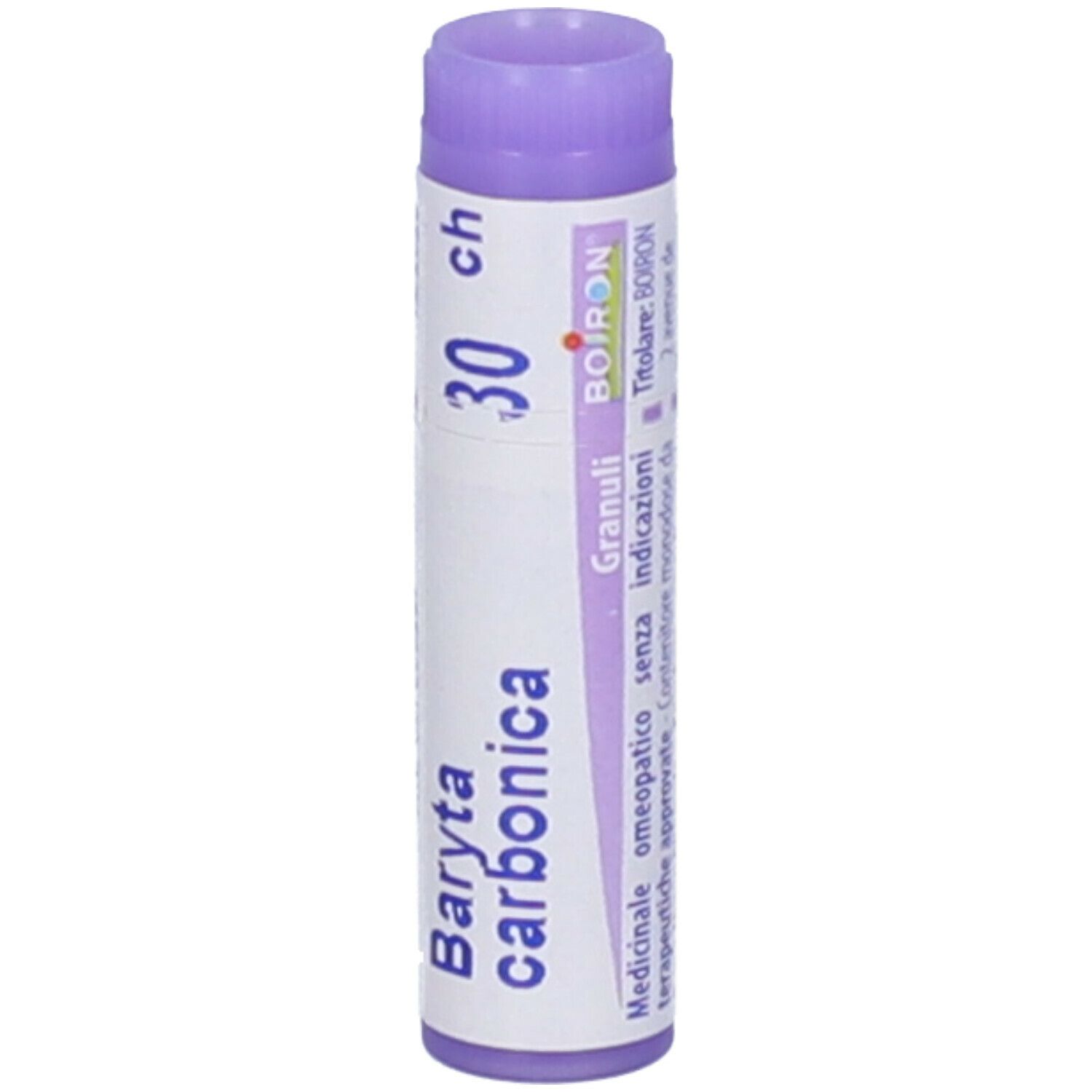 Confezione cilindrica con "Baryta carbonica 30 ch". Stampato: "BOIRON", "12/2026". Tappo lilla.