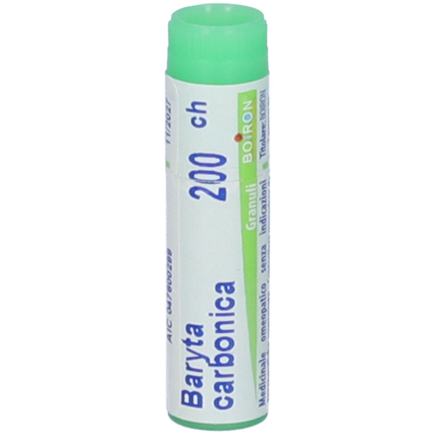 Confezione cilindrica, verde-bianca. Scritta: Baryta carbonica 200 ch. Con: BOIRON, Granuli.
