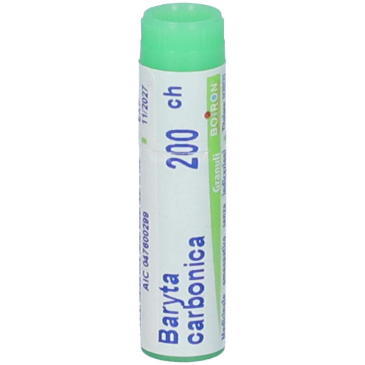 Confezione cilindrica, verde-bianca. Scritta: Baryta carbonica 200 ch. Con: BOIRON, Granuli.
