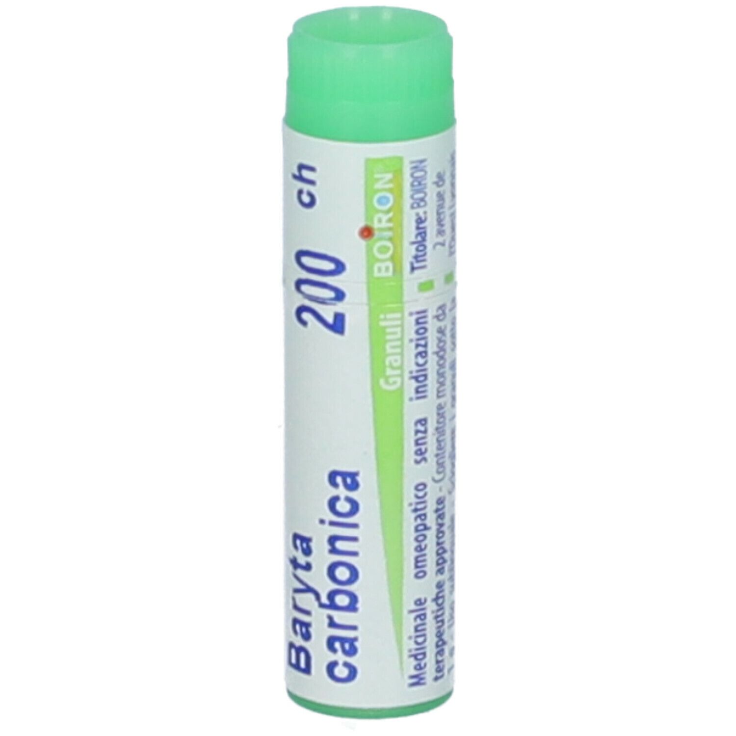 Confezione cilindrica, verde-bianca. Scritta: Baryta carbonica 200 ch. Con: BOIRON, Granuli.