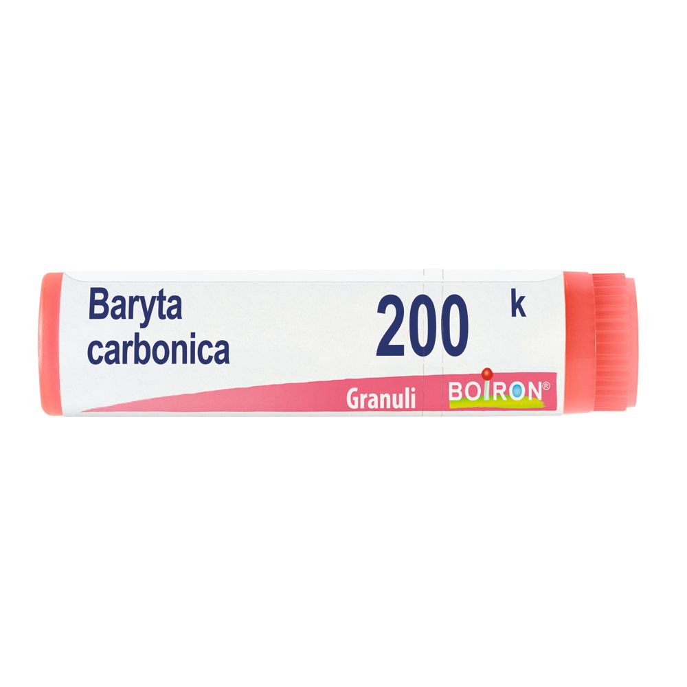 Tubo cilindrico con tappo rosa. Scritta: Baryta carbonica 200 K Granuli, Boiron.