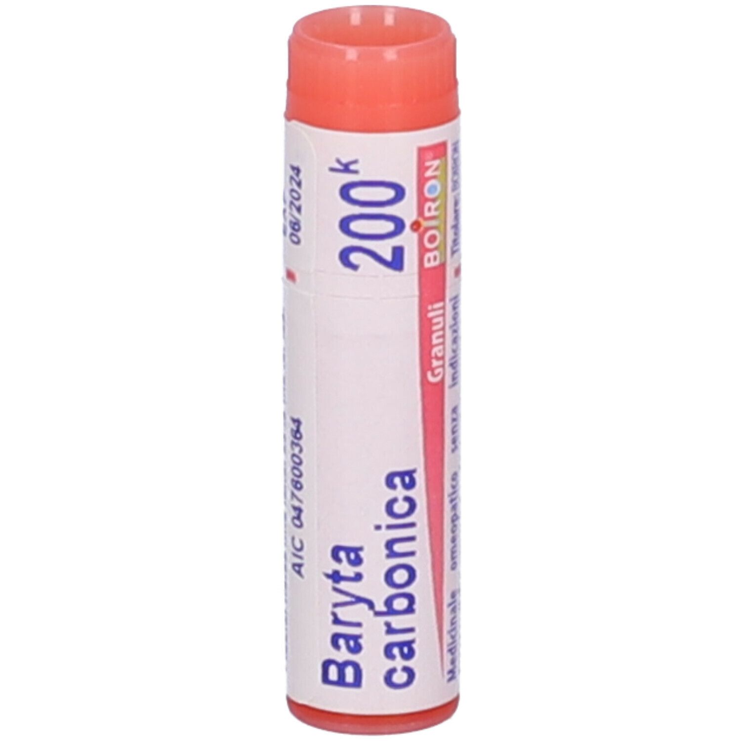 Tubo cilindrico con tappo rosa. Scritta: Baryta carbonica 200k, Boiron, scadenza 06/2024.