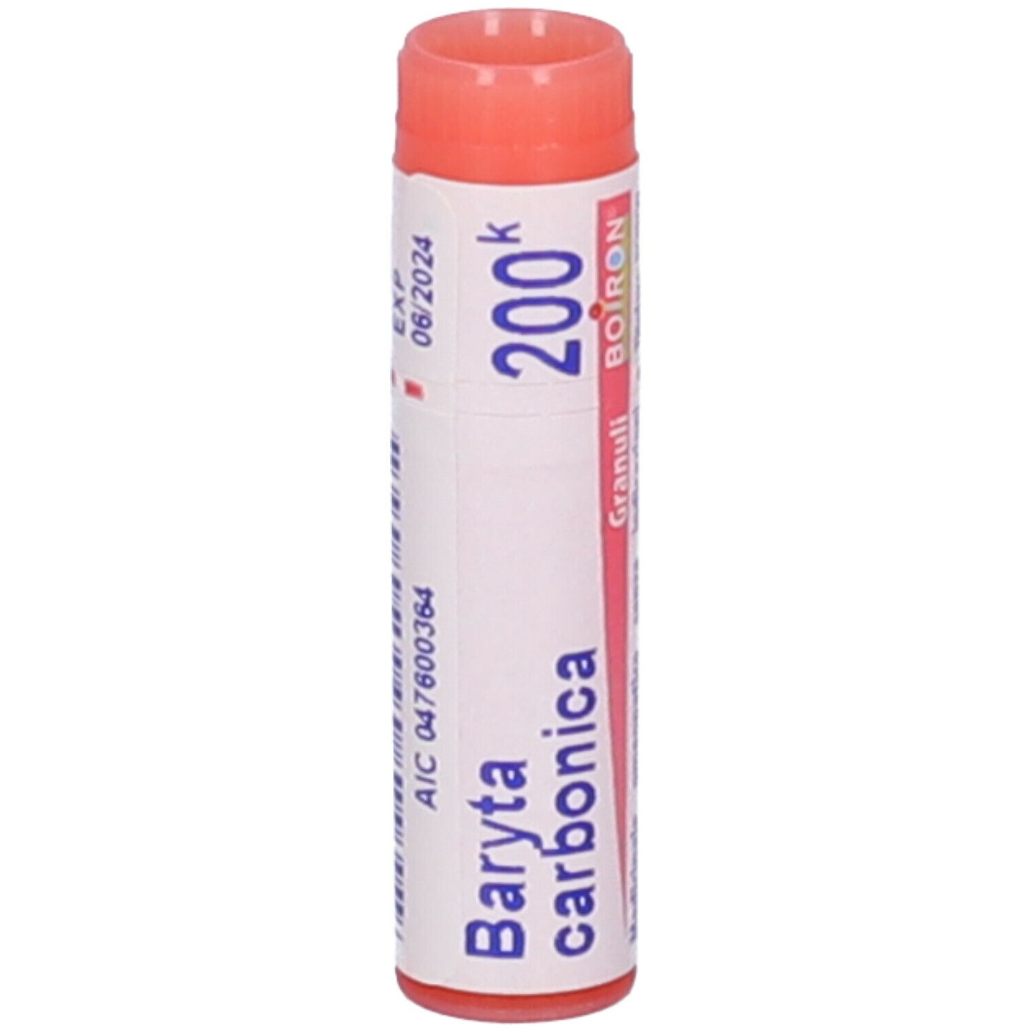 Tubo cilindrico con tappo rosa. Scritta: Baryta carbonica 200k, Boiron, scadenza 06/2024.