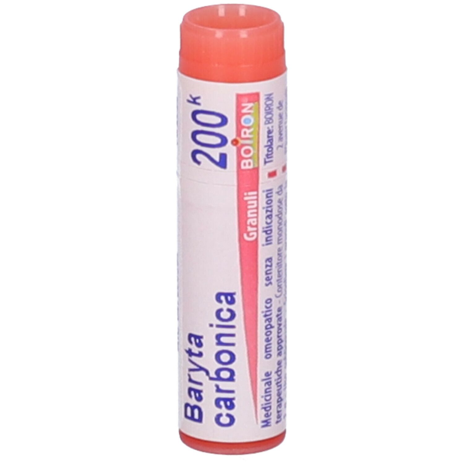 Tubo cilindrico con tappo rosa. Scritta: Baryta carbonica 200k, Boiron, informazioni sull'uso.