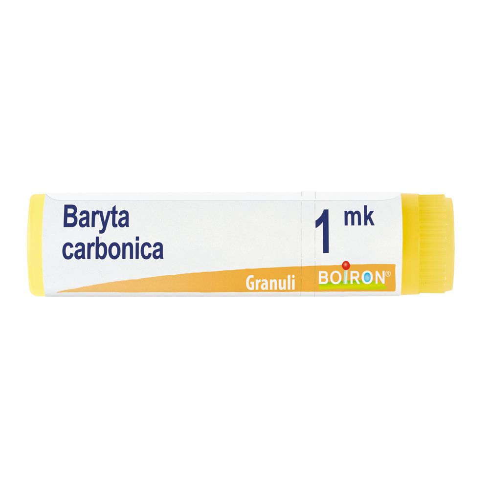 Confezione cilindrica con tappo giallo. Scritta: Baryta carbonica, 1 mk, Granuli, BOIRON.