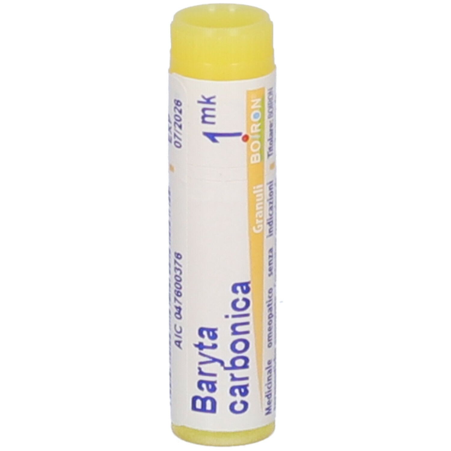 Confezione cilindrica con tappo giallo. Scritta: Baryta carbonica, 1 mk, BOIRON, Granuli. Scadenza 07/2026.