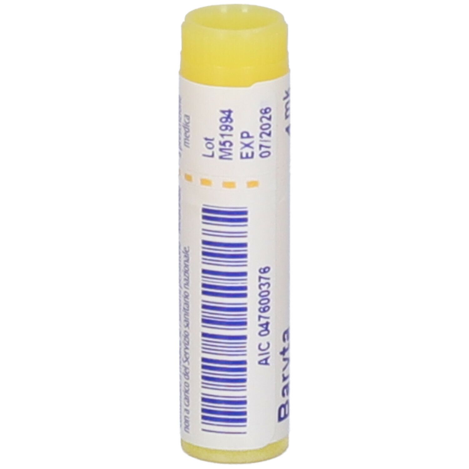 Confezione cilindrica con tappo giallo. Scritta: Baryta carbonica, 1 mk, BOIRON, Granuli. Ulteriori informazioni testuali.