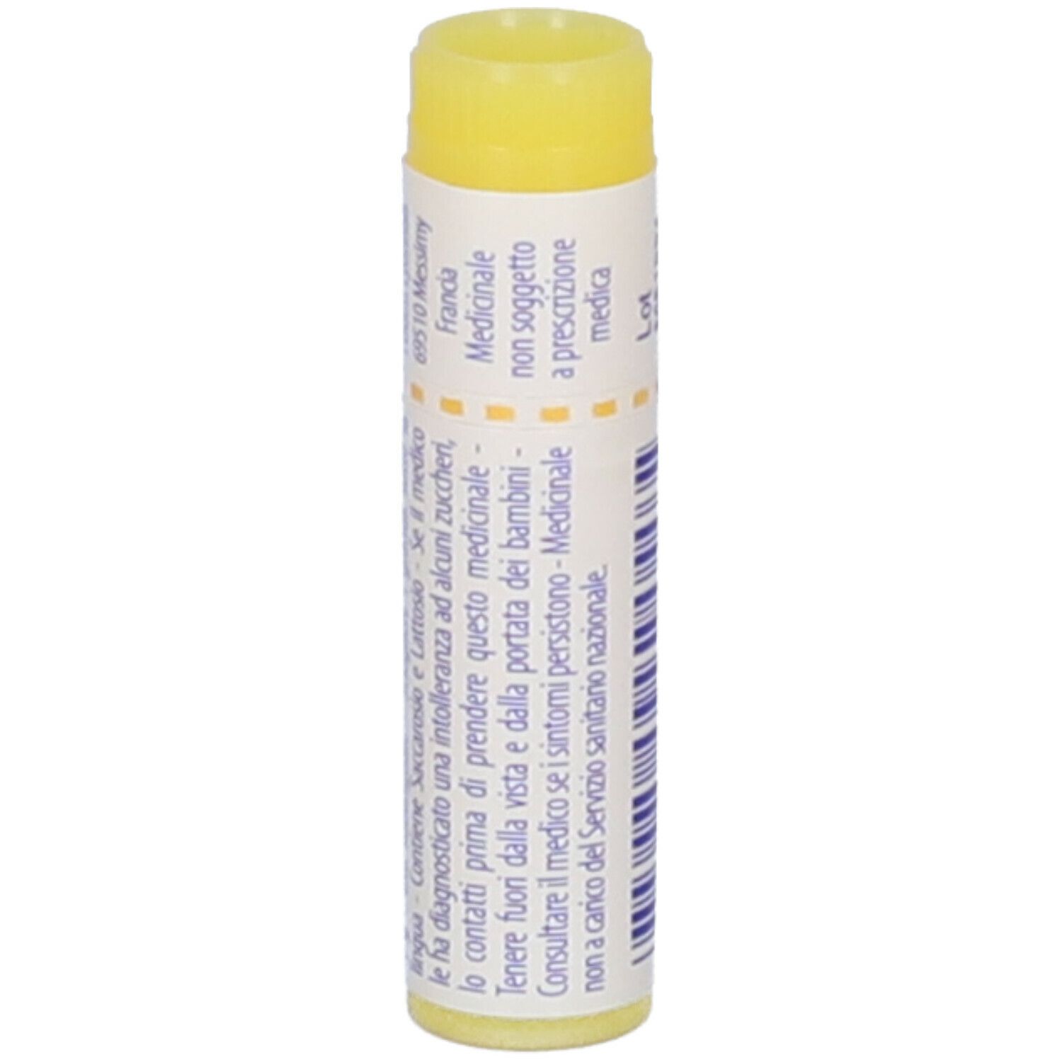 Confezione cilindrica con tappo giallo. Scritta: Baryta carbonica, 1 mk, BOIRON, Granuli. Ulteriori informazioni testuali.