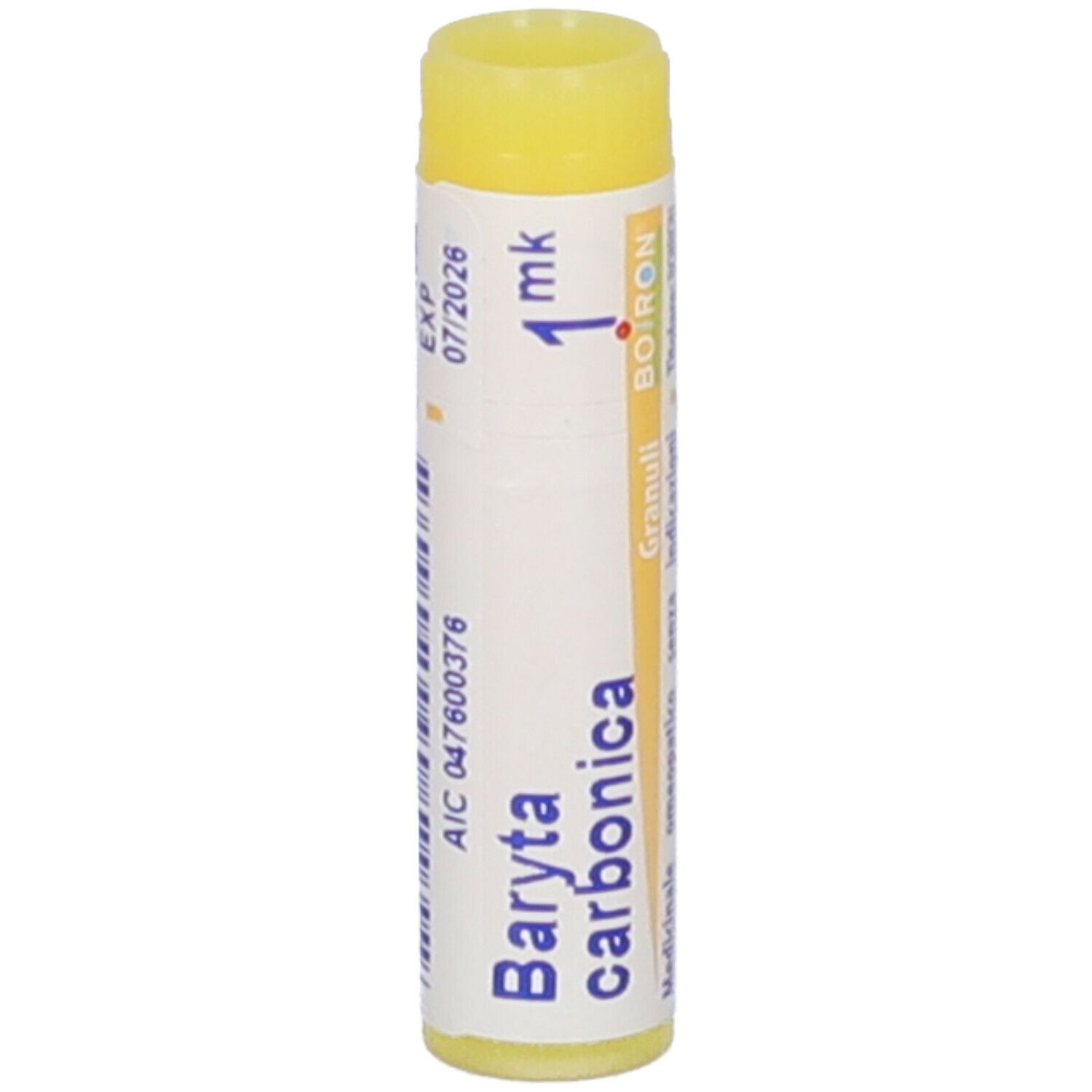Confezione cilindrica con tappo giallo. Scritta: Baryta carbonica, 1 mk, BOIRON, Granuli. Scadenza 07/2026.