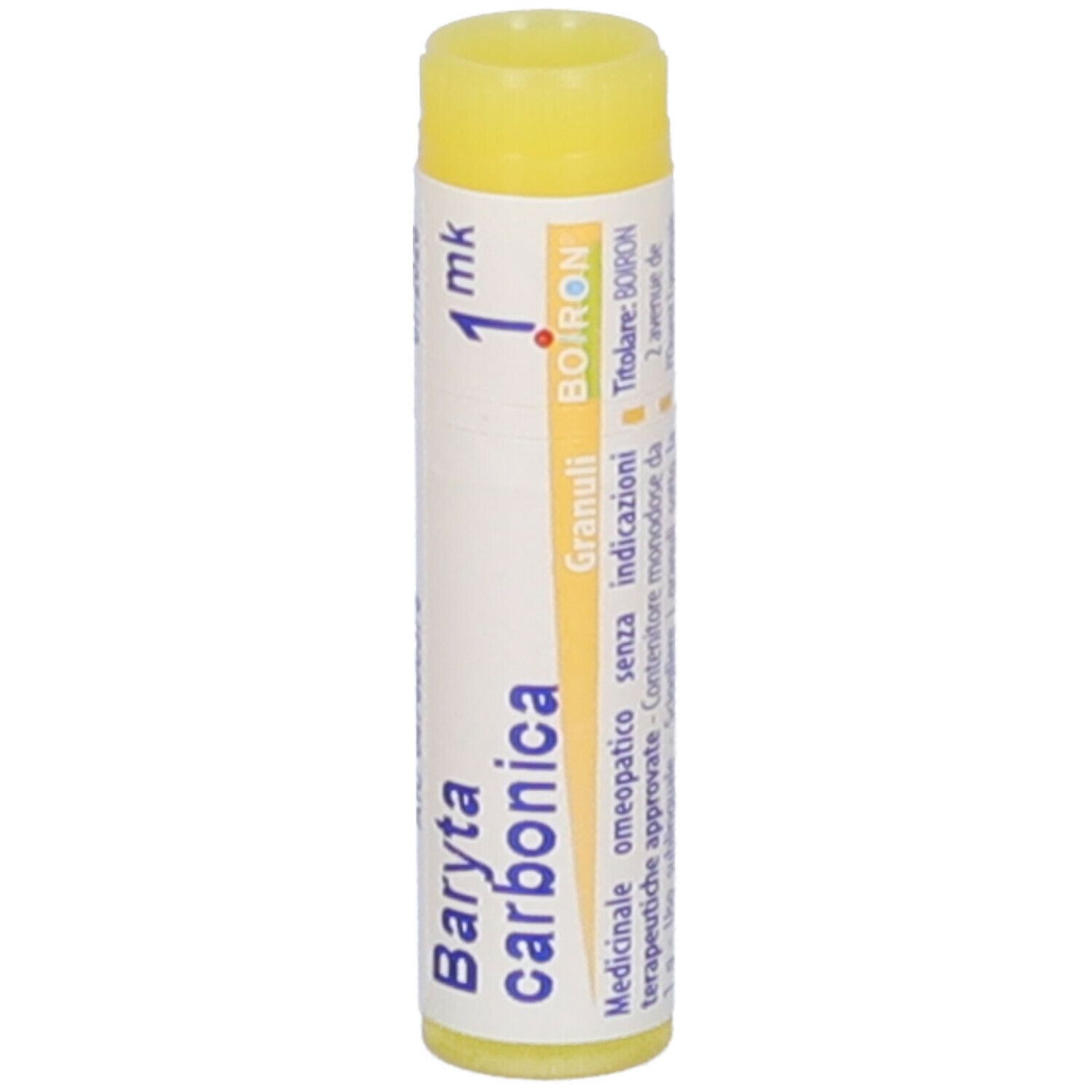 Confezione cilindrica con tappo giallo. Scritta: Baryta carbonica, 1 mk, BOIRON, Granuli. Ulteriori informazioni testuali.
