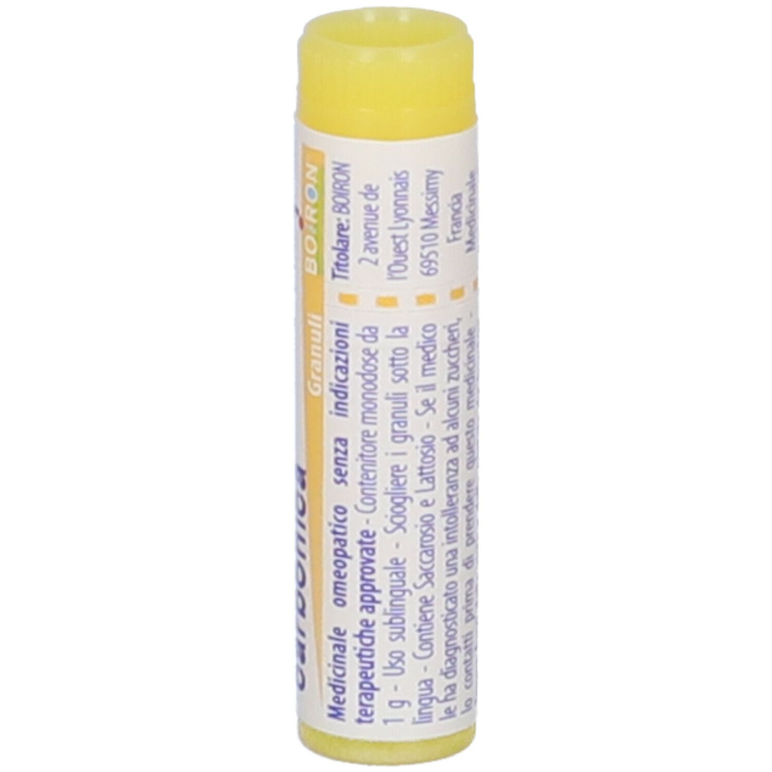Confezione cilindrica con tappo giallo. Scritta: Baryta carbonica, 1 mk, BOIRON, Granuli. Ulteriori informazioni testuali.