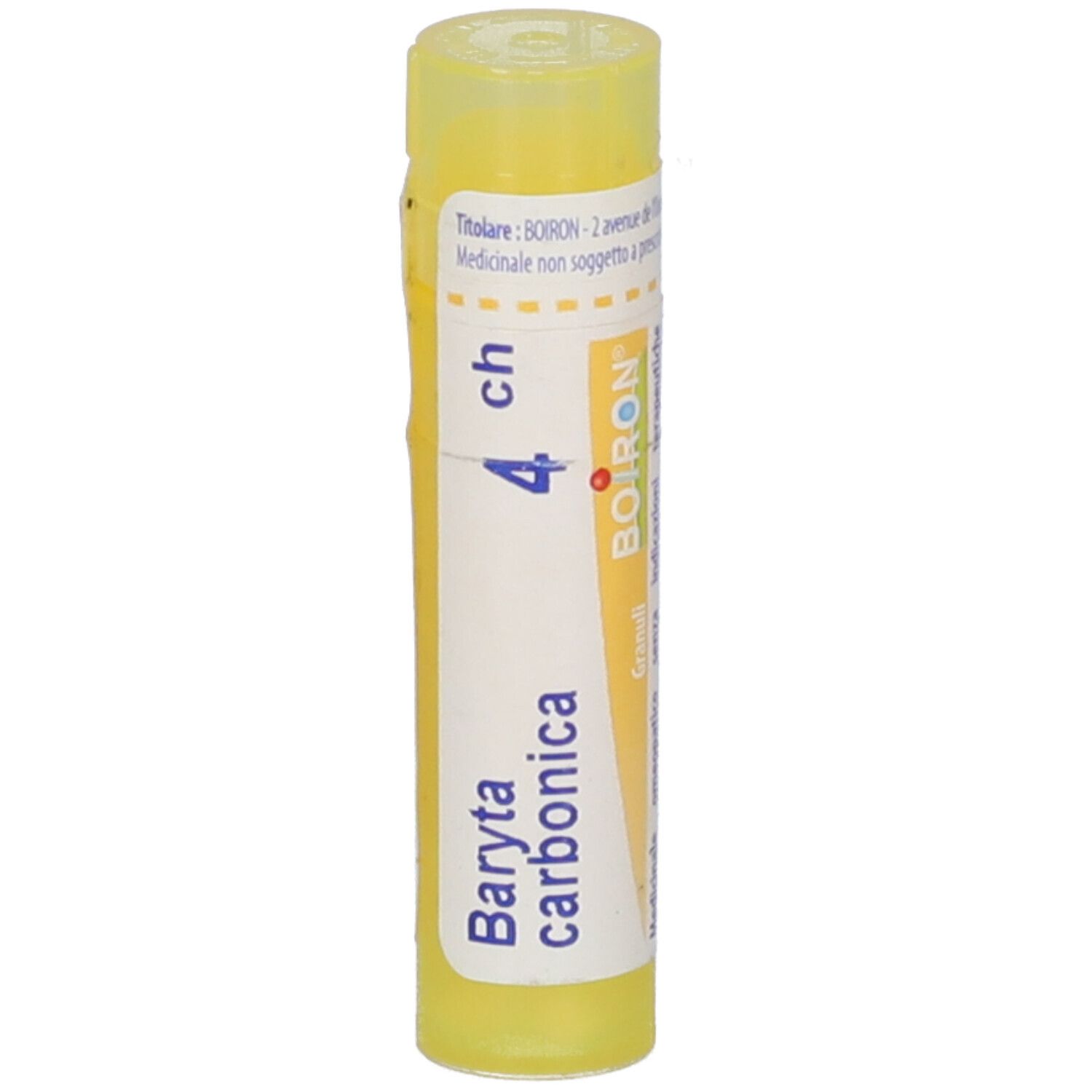Tubo giallo con etichetta bianca. Scritte: Baryta carbonica 4 ch, logo BOIRON.