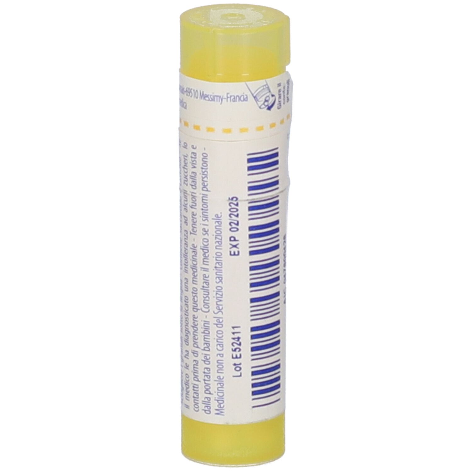 Tubo giallo con etichetta bianca. Scritte: EXP 02/2025, Lot E52411. Tappo giallo.