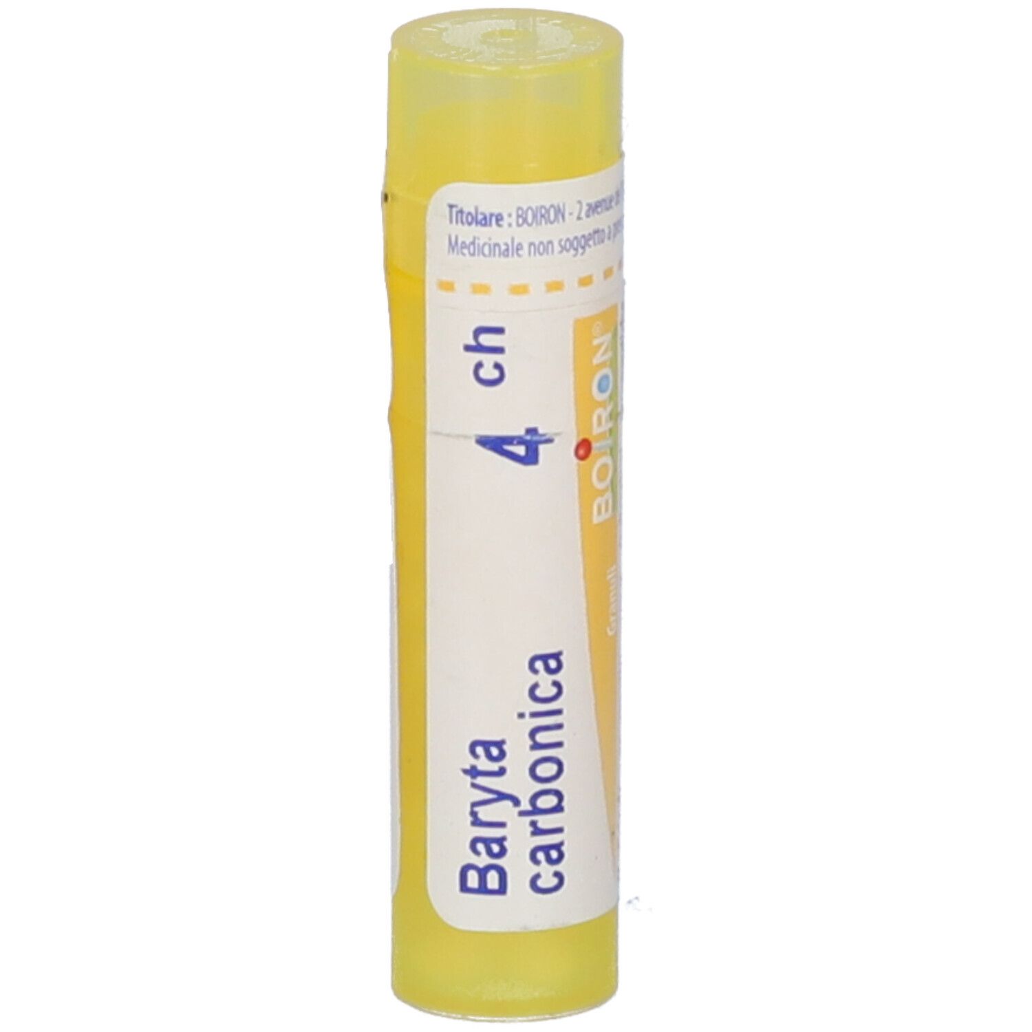 Tubo giallo con etichetta bianca. Scritte: Baryta carbonica 4 ch, logo BOIRON.