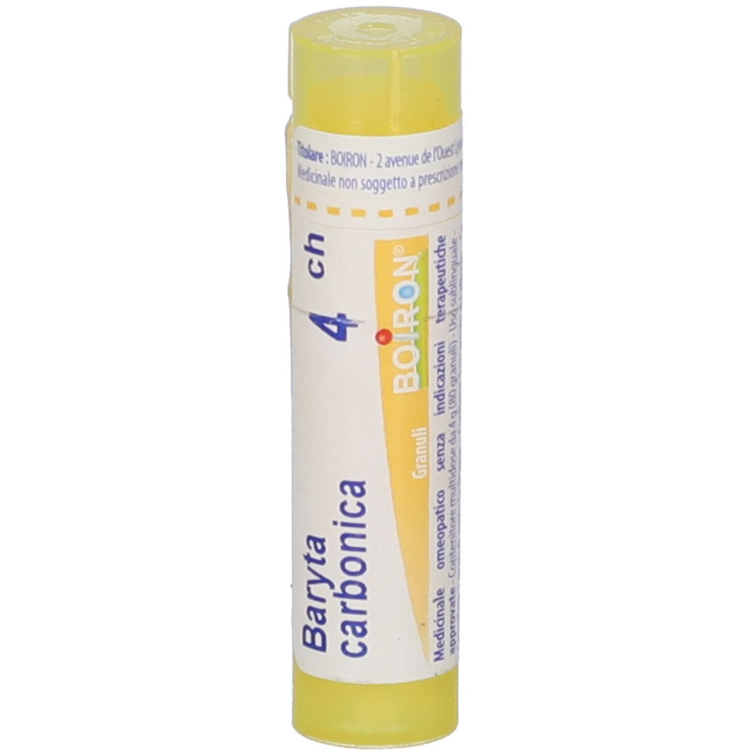 Tubo giallo con etichetta bianca. Scritte: Baryta carbonica 4 ch, logo BOIRON.