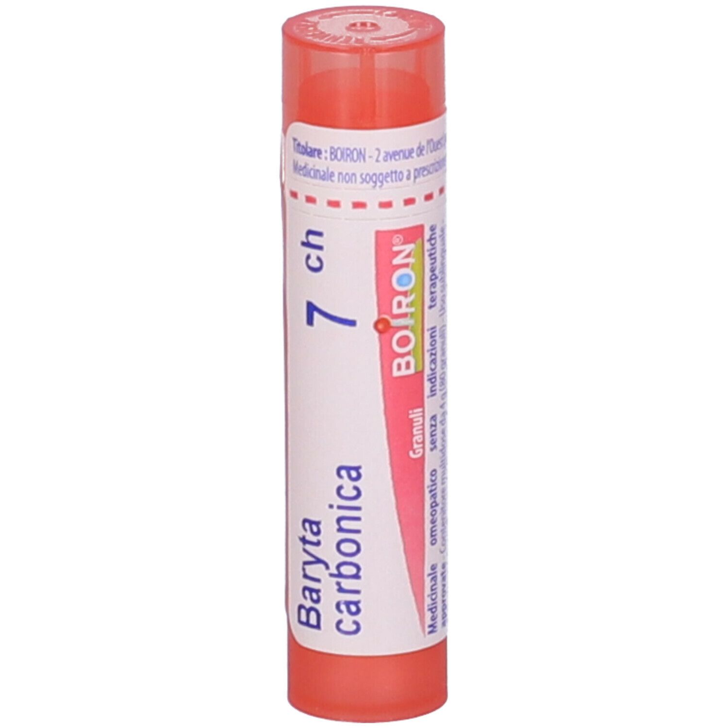 Confezione cilindrica con tappo rosa. Scritta: Baryta carbonica 7 ch, BOIRON.