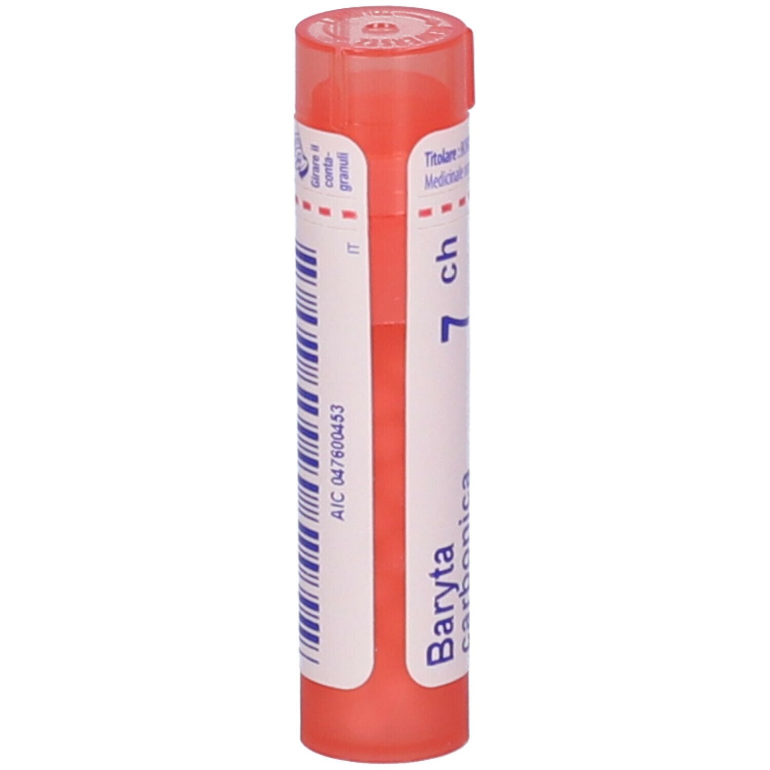 Confezione cilindrica con tappo rosa. Scritta: Baryta carbonica 7 ch. Con codice a barre.