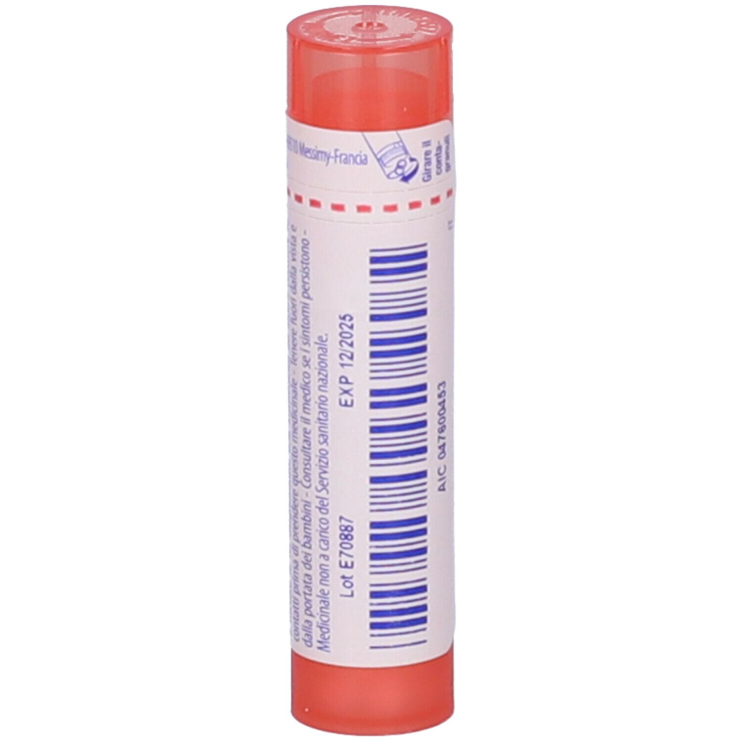 Confezione cilindrica con tappo rosa. Scritta: EXP 12 2025. Ulteriori informazioni testuali.