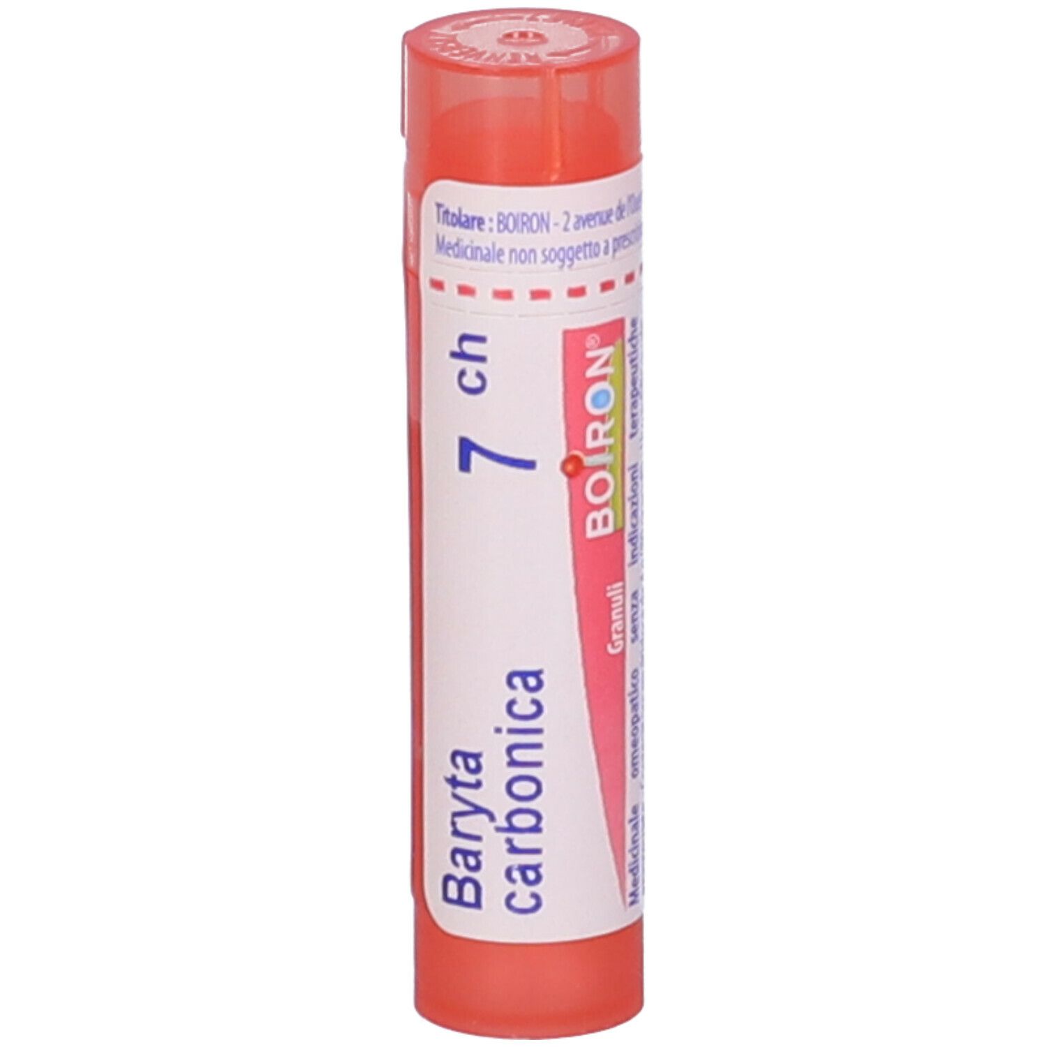 Confezione cilindrica con tappo rosa. Scritta: Baryta carbonica 7 ch, BOIRON.