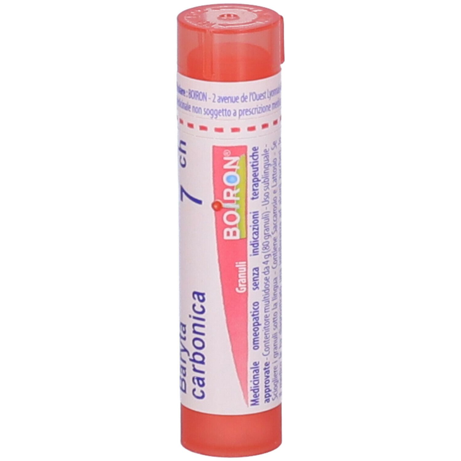Confezione cilindrica con tappo rosa. Scritta: Baryta carbonica 7 ch, BOIRON. Informazioni aggiuntive.