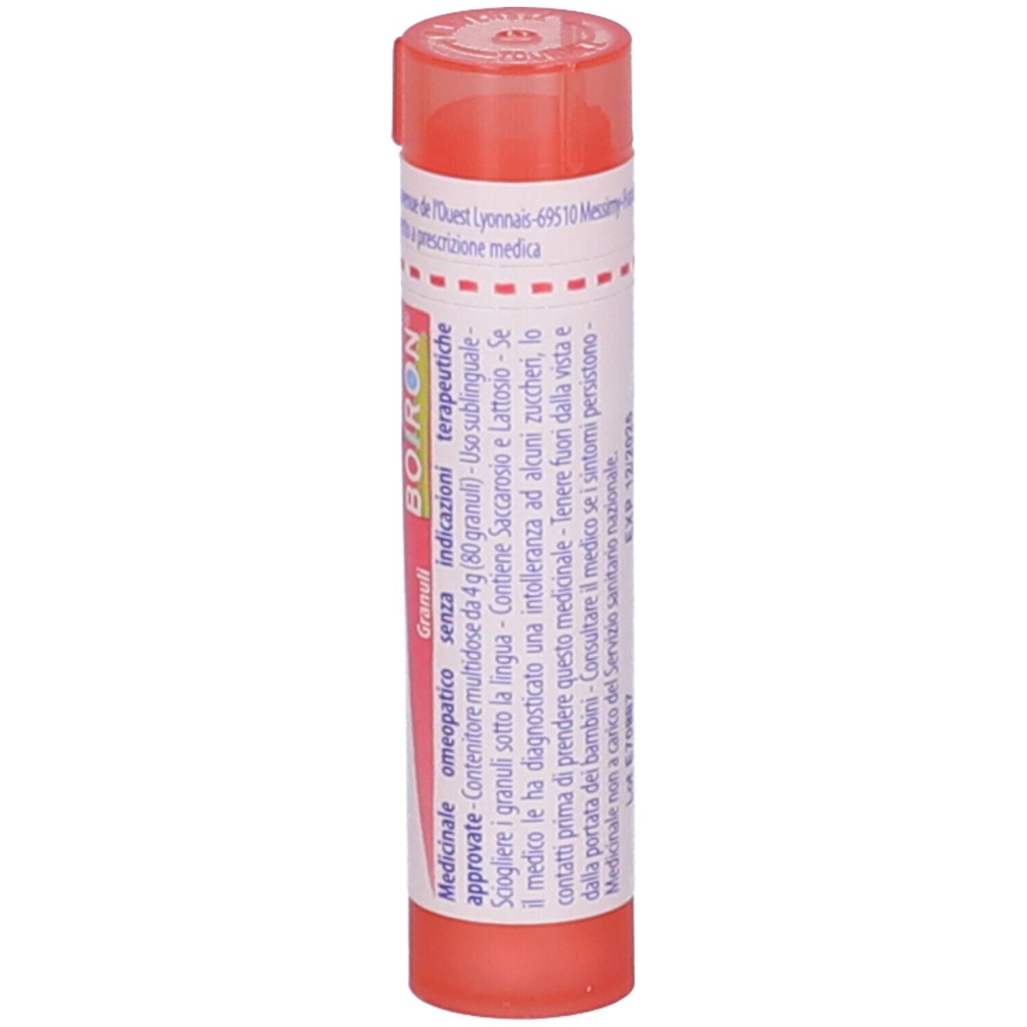 Confezione cilindrica con tappo rosa. Scritta: Baryta carbonica 7 ch, BOIRON. Informazioni aggiuntive.