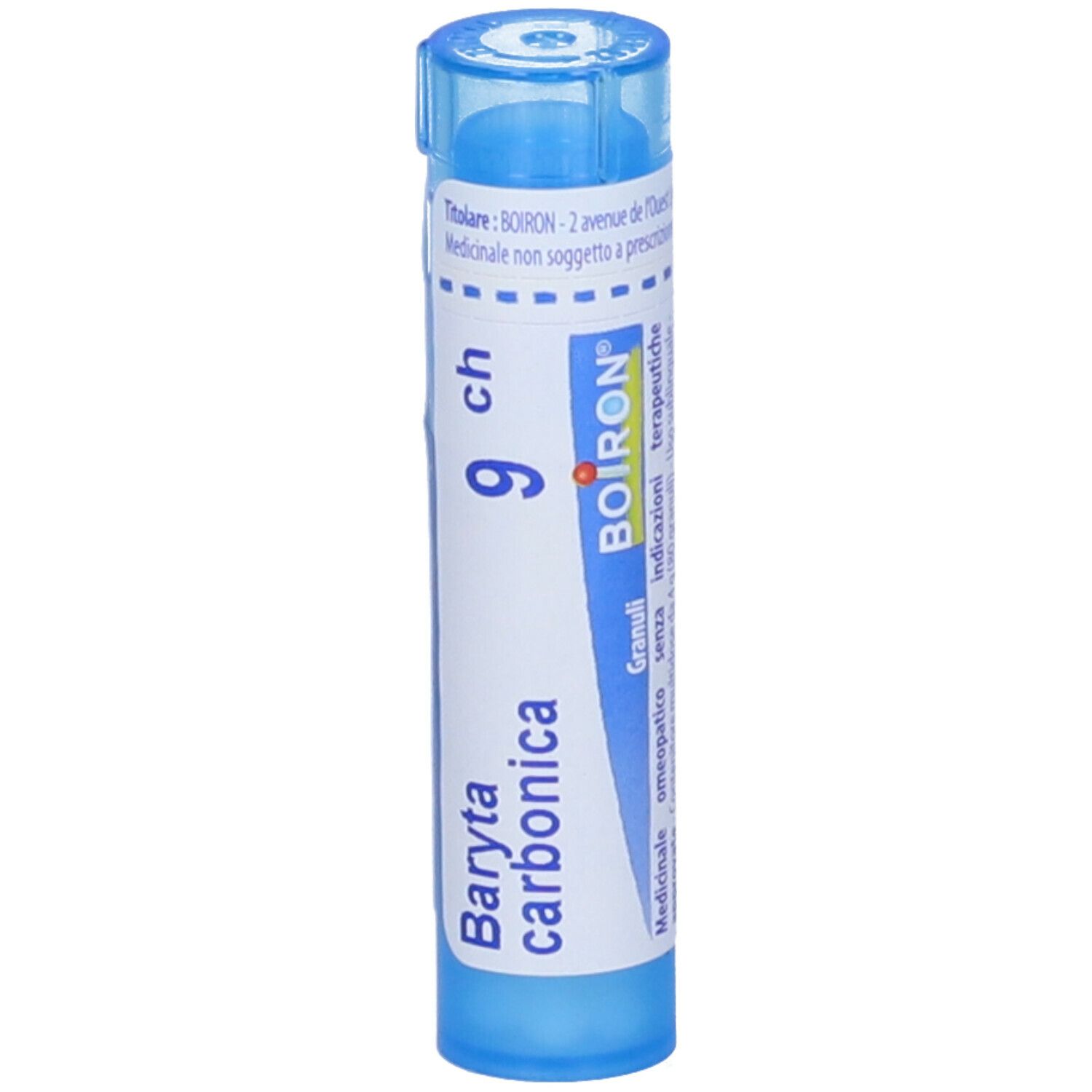 Contenitore cilindrico blu con etichetta bianca. Scritta: Baryta carbonica 9 ch, BOIRON. Granuli.