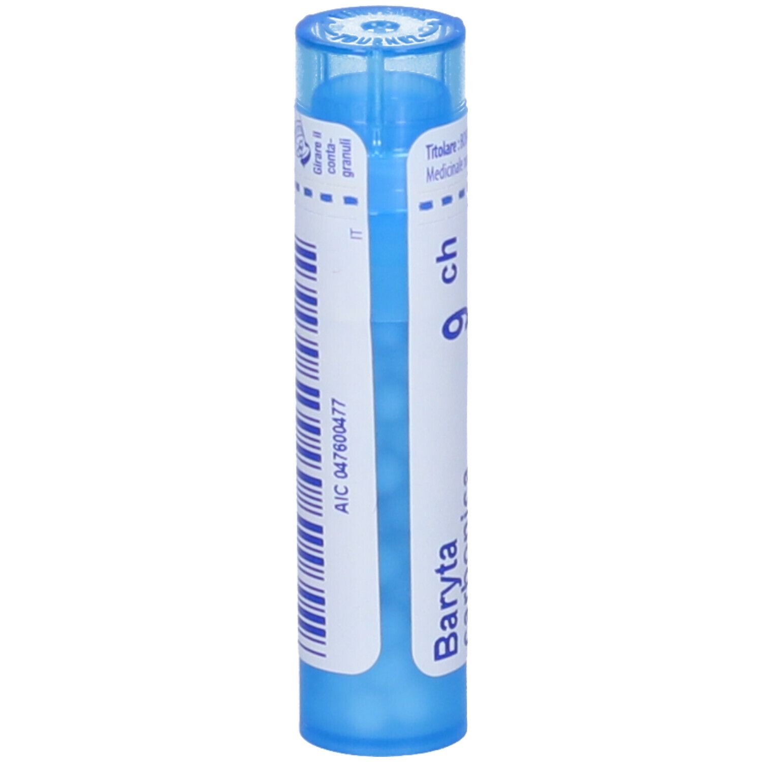 Contenitore cilindrico blu con etichetta bianca. Scritta: Baryta carbonica 9 ch. Codice AIC.