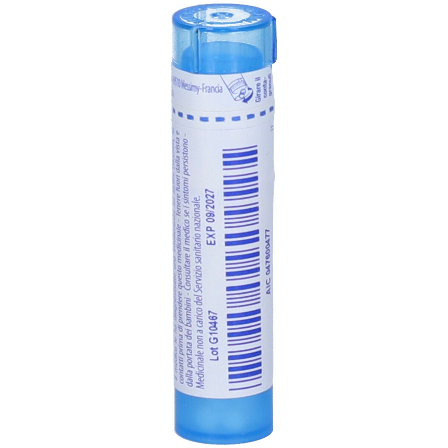 Contenitore cilindrico blu con etichetta bianca. Scritta: Baryta carbonica 9 ch. Scadenza.