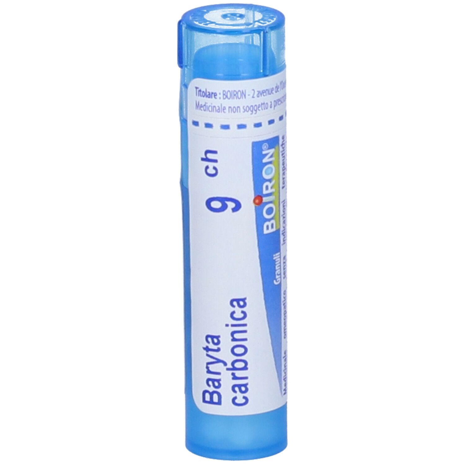 Contenitore cilindrico blu con etichetta bianca. Scritta: Baryta carbonica 9 ch, BOIRON. Granuli.