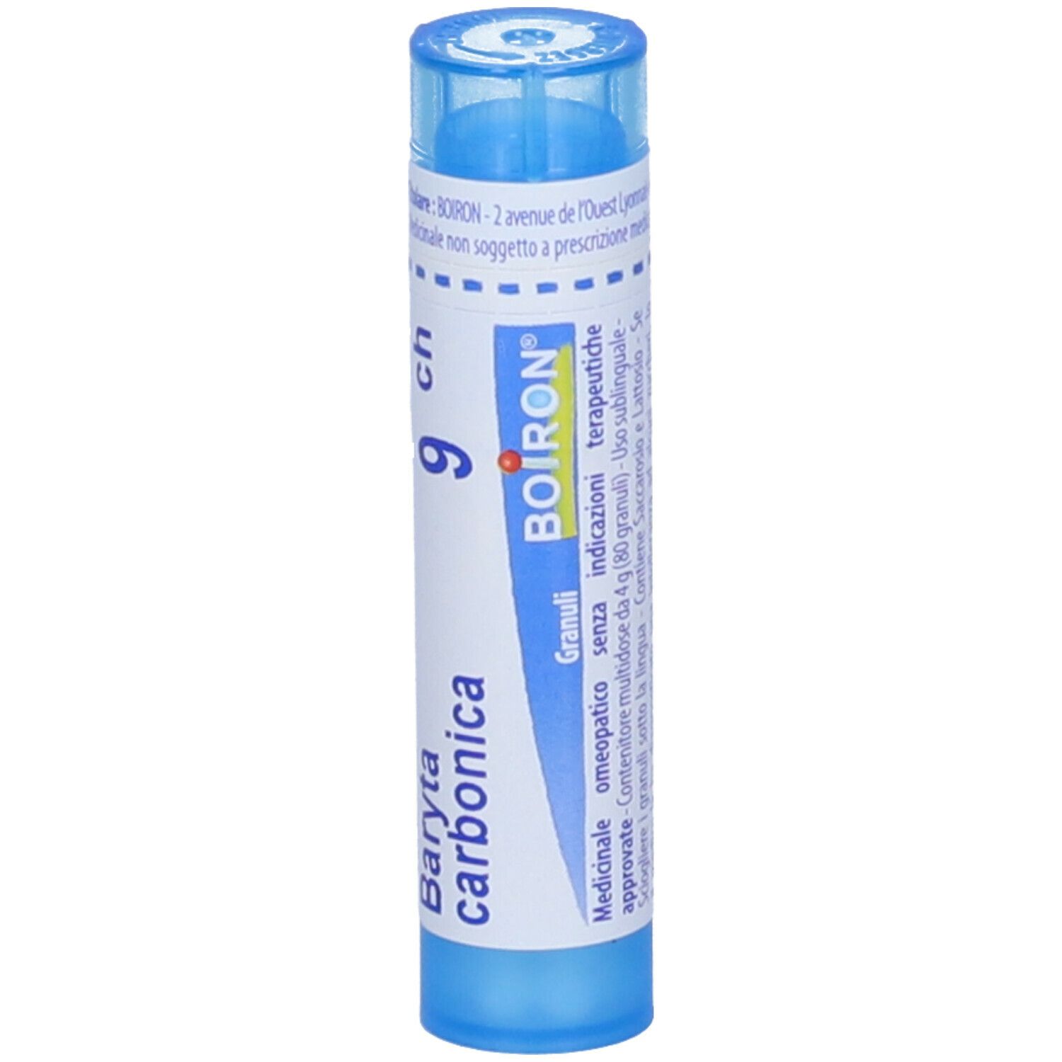 Contenitore cilindrico blu con etichetta bianca. Scritta: Baryta carbonica 9 ch, BOIRON. Granuli.