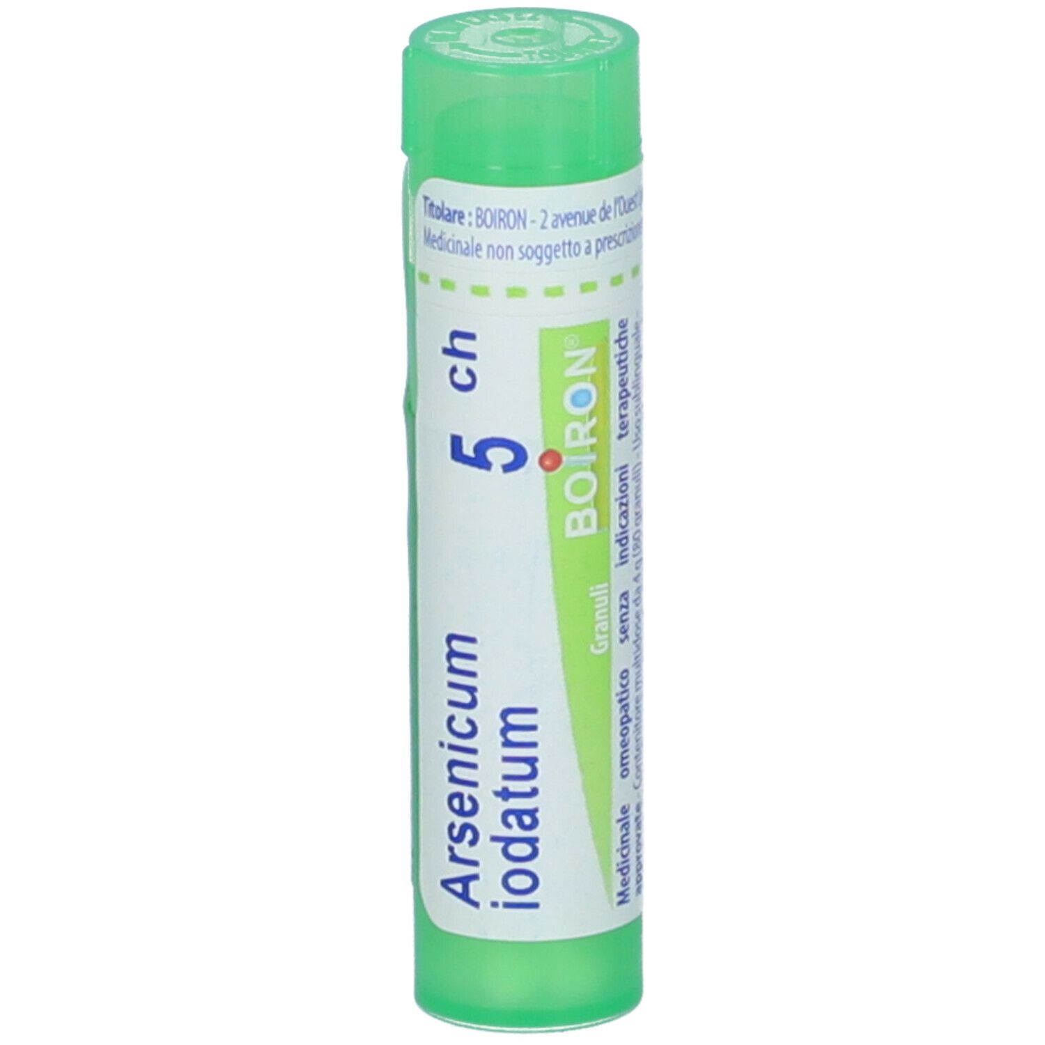Tubo cilindrico con nome del prodotto e dosaggio. Marchio BOIRON. Tappo verde.