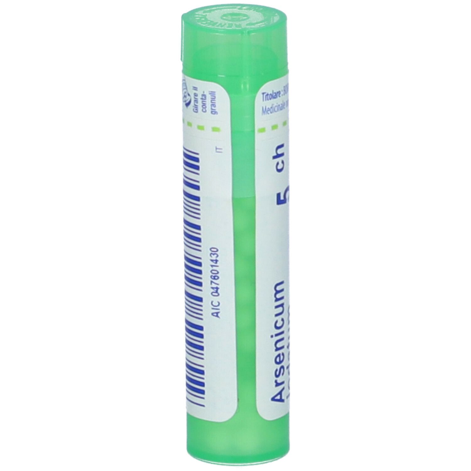 Tubo cilindrico con nome del prodotto e dosaggio. Tappo verde. Codice a barre e codice AIC.