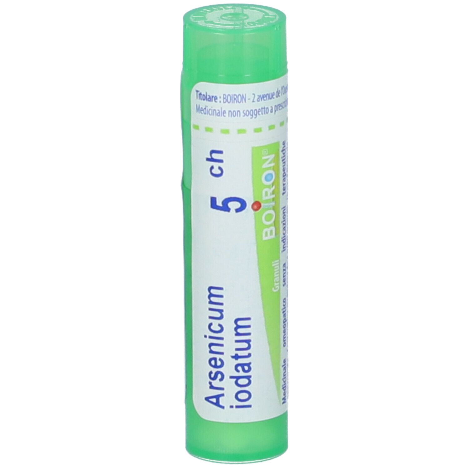 Tubo cilindrico con nome del prodotto e dosaggio. Tappo verde. Marchio BOIRON.