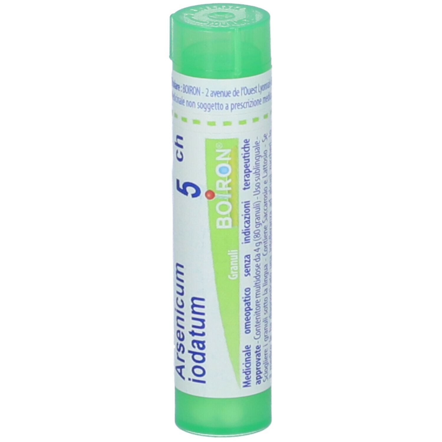 Tubo cilindrico con nome del prodotto e dosaggio. Tappo verde. Marchio BOIRON. Granuli.