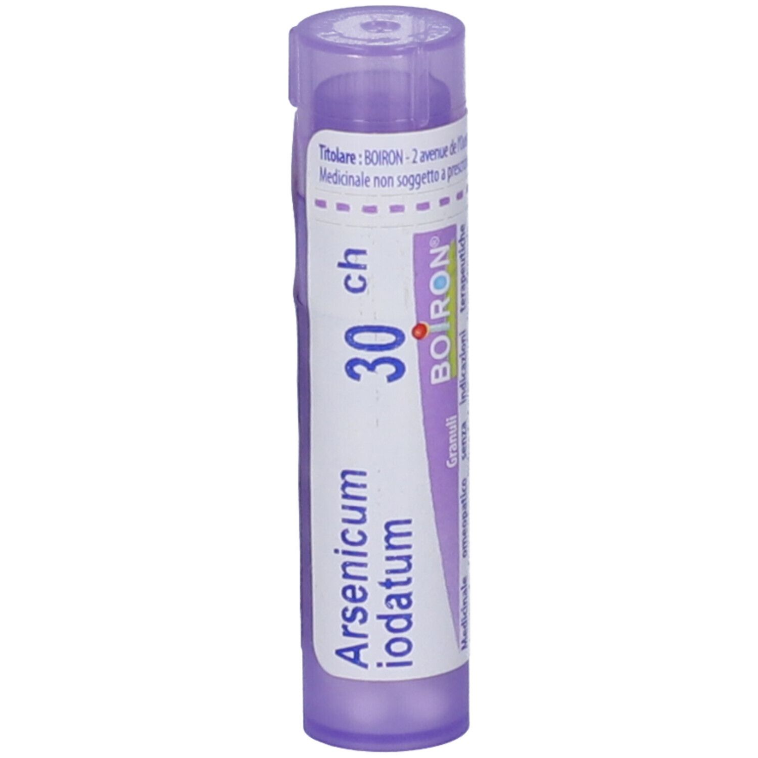 Contenitore viola con testo bianco. Scritta: Arsenicum iodatum, 30 ch, BOIRON. Contenitore parzialmente aperto.
