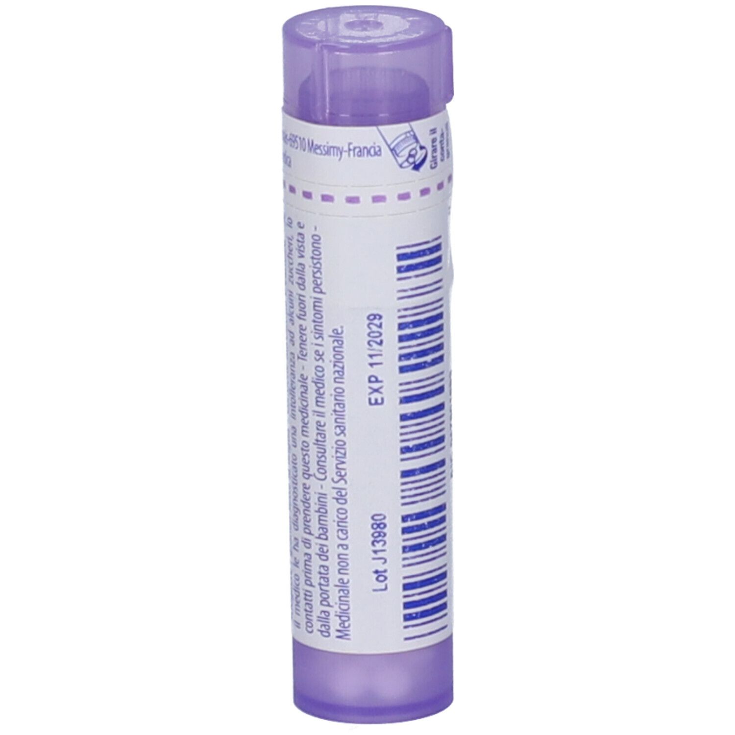 Contenitore viola con testo bianco. Scritta: EXP 11/2029. Ulteriori informazioni testuali sull'etichetta.