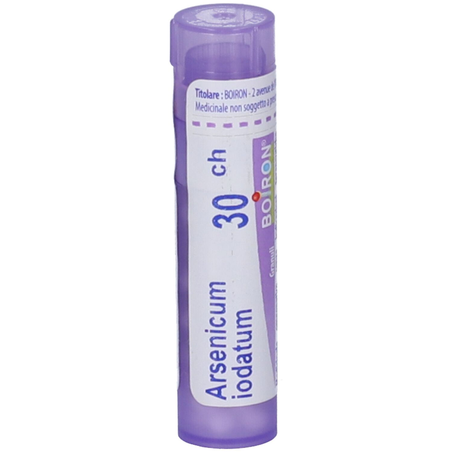 Contenitore viola con testo bianco. Scritta: Arsenicum iodatum, 30 ch, BOIRON. Contenitore parzialmente aperto.